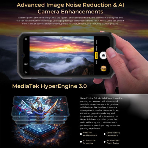  Téléphone robuste HOTWAV Hyper 7, 8 Go + 256 Go, 10 800 mAh, écran 6,6 pouces, Android 14, MediaTek Dimensity 7050 5G, réseau : 5G, OTG, NFC (jaune) SH256Y1179-025